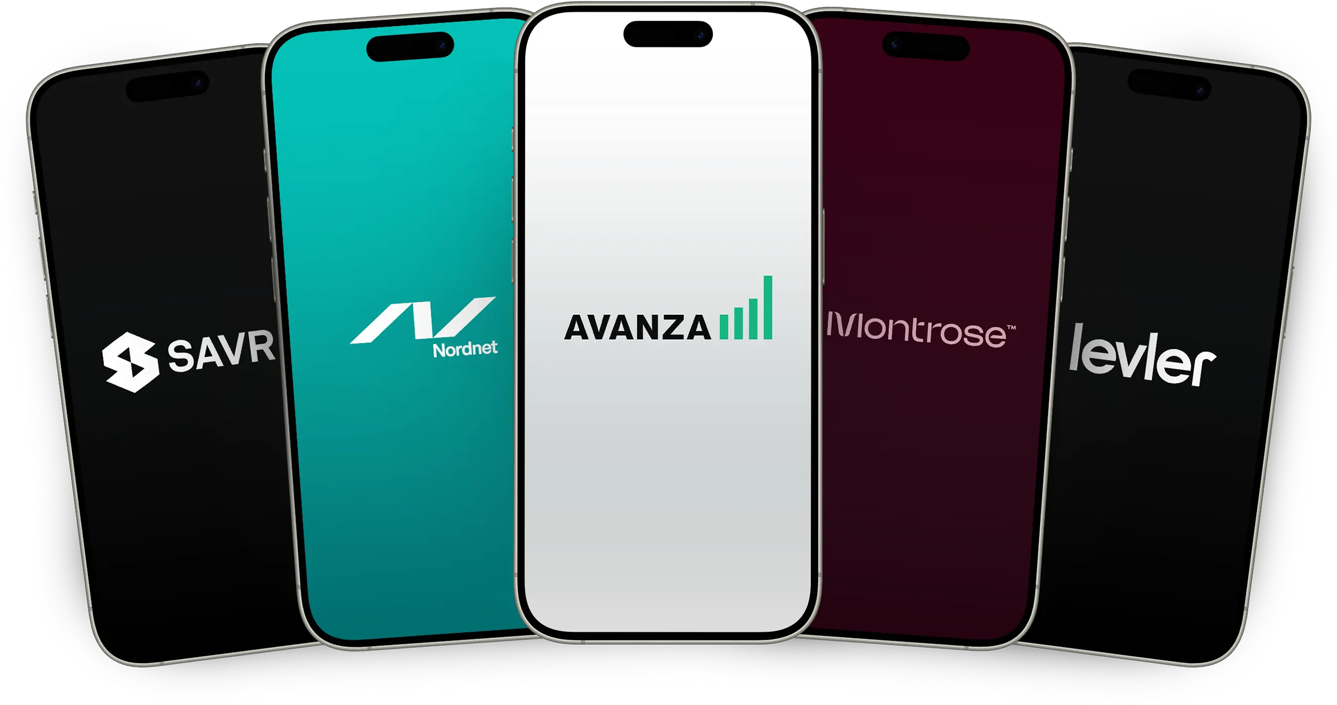 Fem mobiltelefoner med logotyper för SAVR, Nordnet, Avanza, Montrose och Levler.